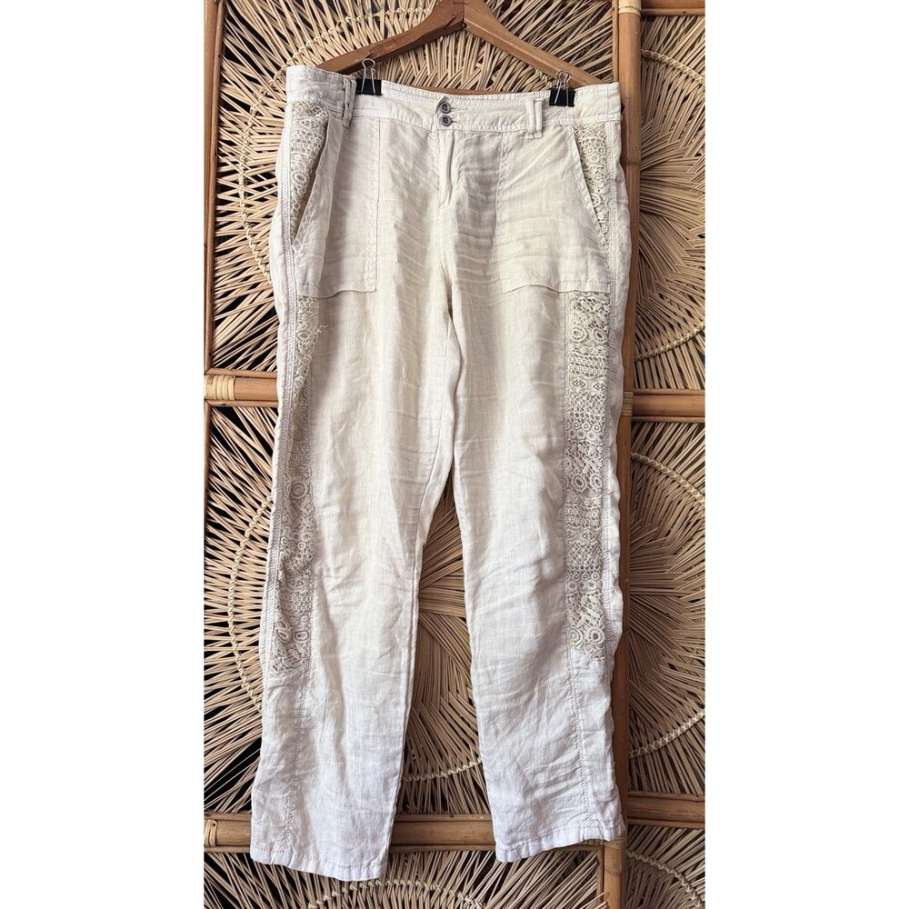 Tru Luxe Linen Pants 30 Lace Embroidered Boho Cream Roll Tab Cuffs